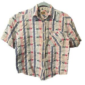Vintage Embroidered Rose Bud Shirt 100% Cotton Stripes CM Company Medium Pocket